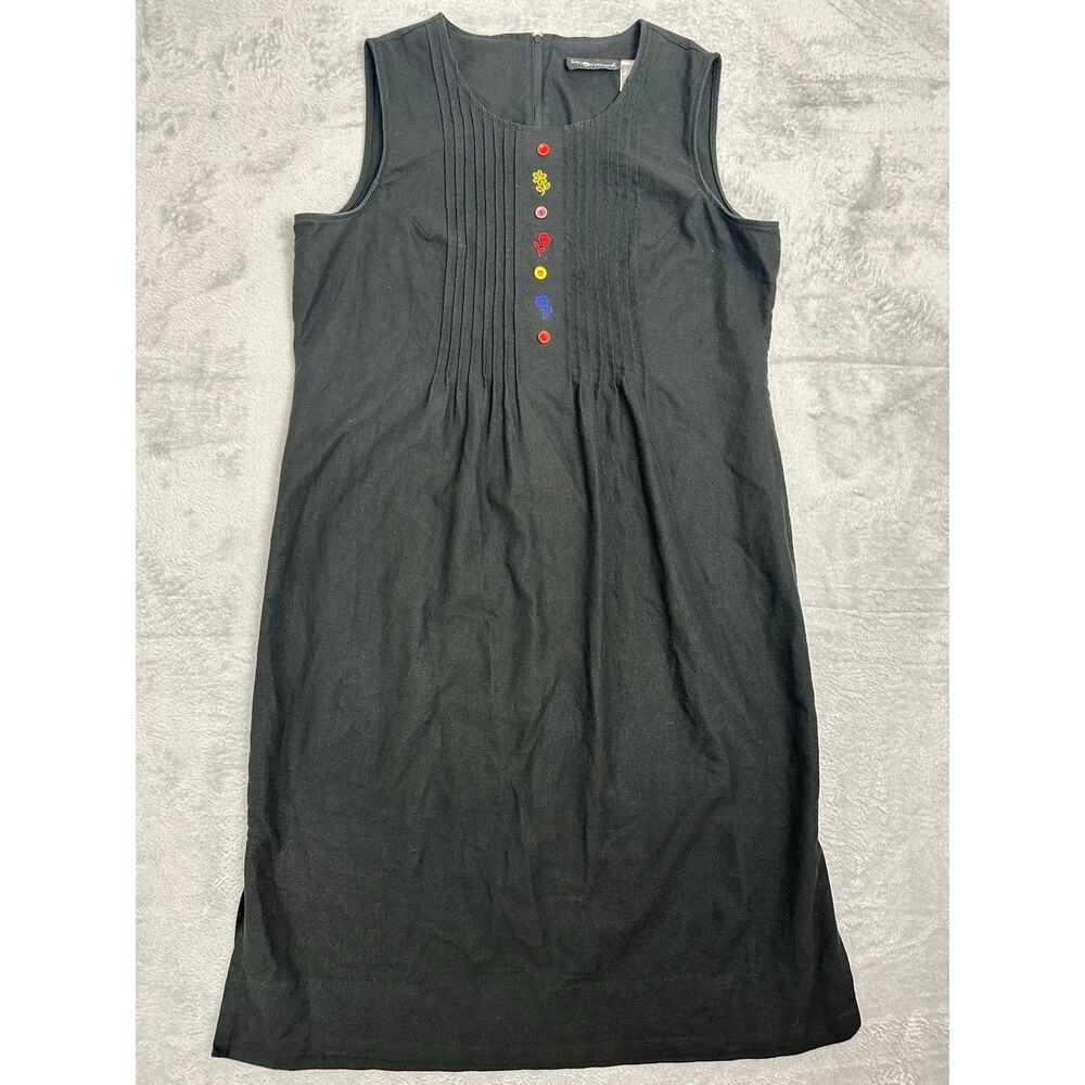 Vintage 90s Sag Harbor Black Linen Cotton Midi Dress Embroidered Sleeveless 16